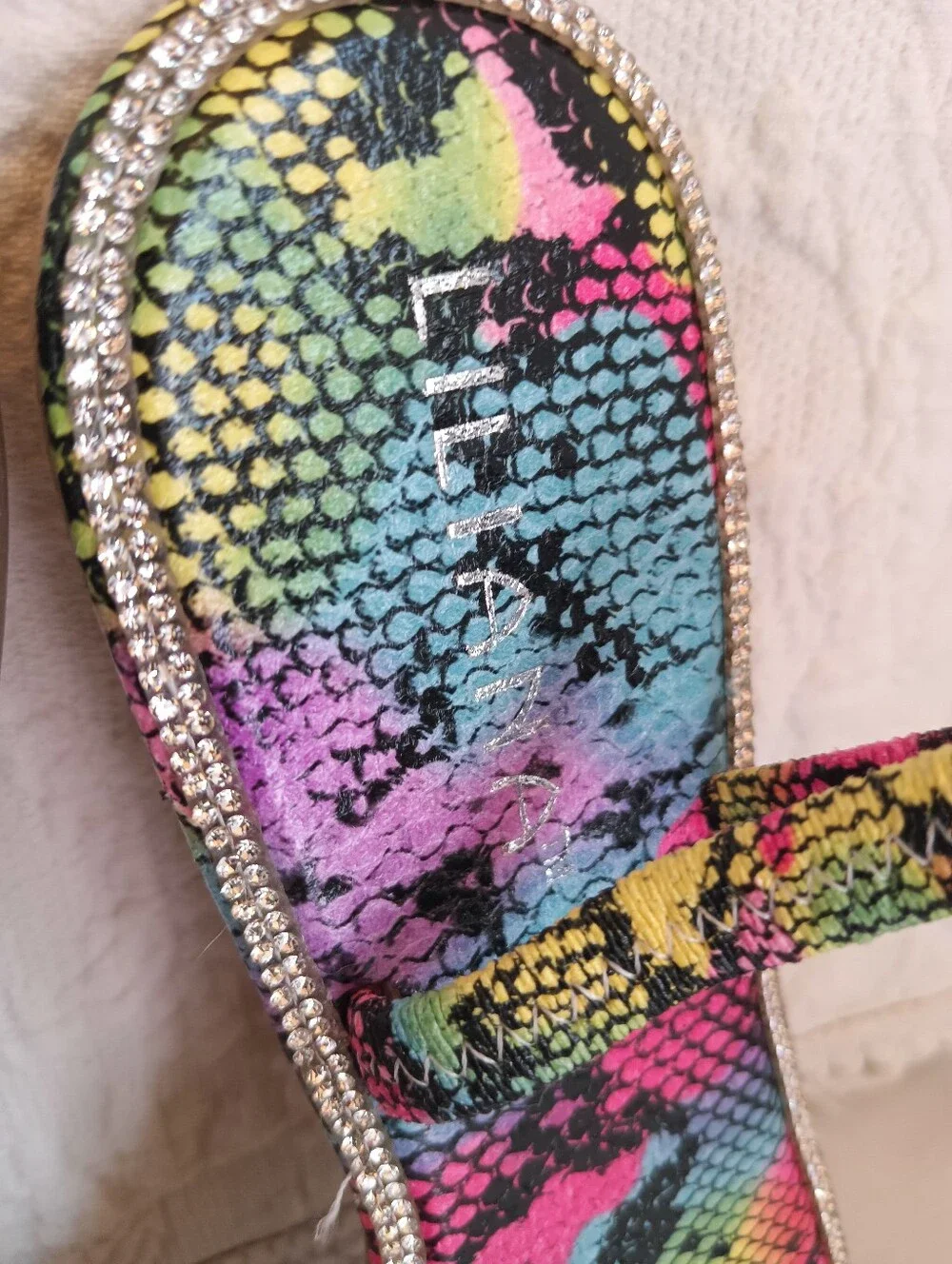 Liliana Neon Snake-Print Rhinestone Trim Flat Sandals Colorful Rainbow Flats 8